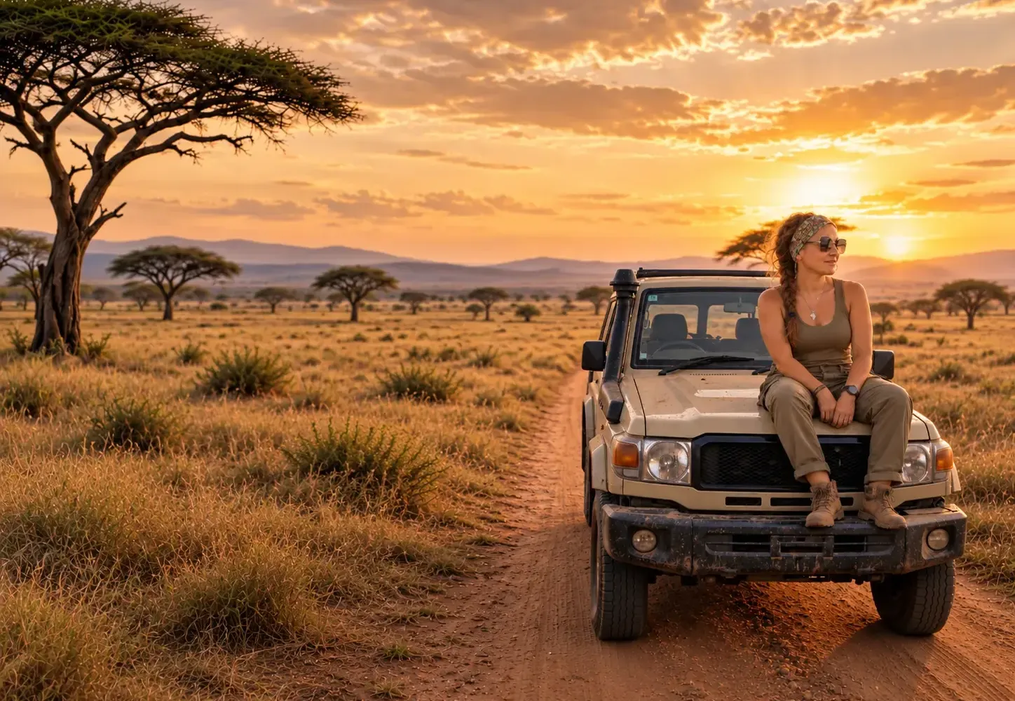 Donna seduta sul cofano di un fuoristrada da safari al tramonto nella savana del Serengeti, Tanzania