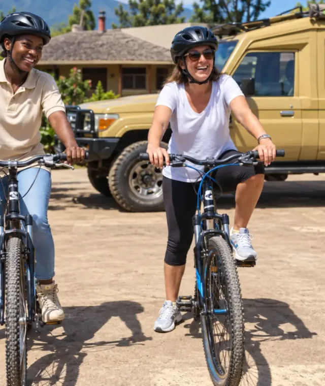 Due donne in bicicletta con casco davanti a un fuoristrada da safari