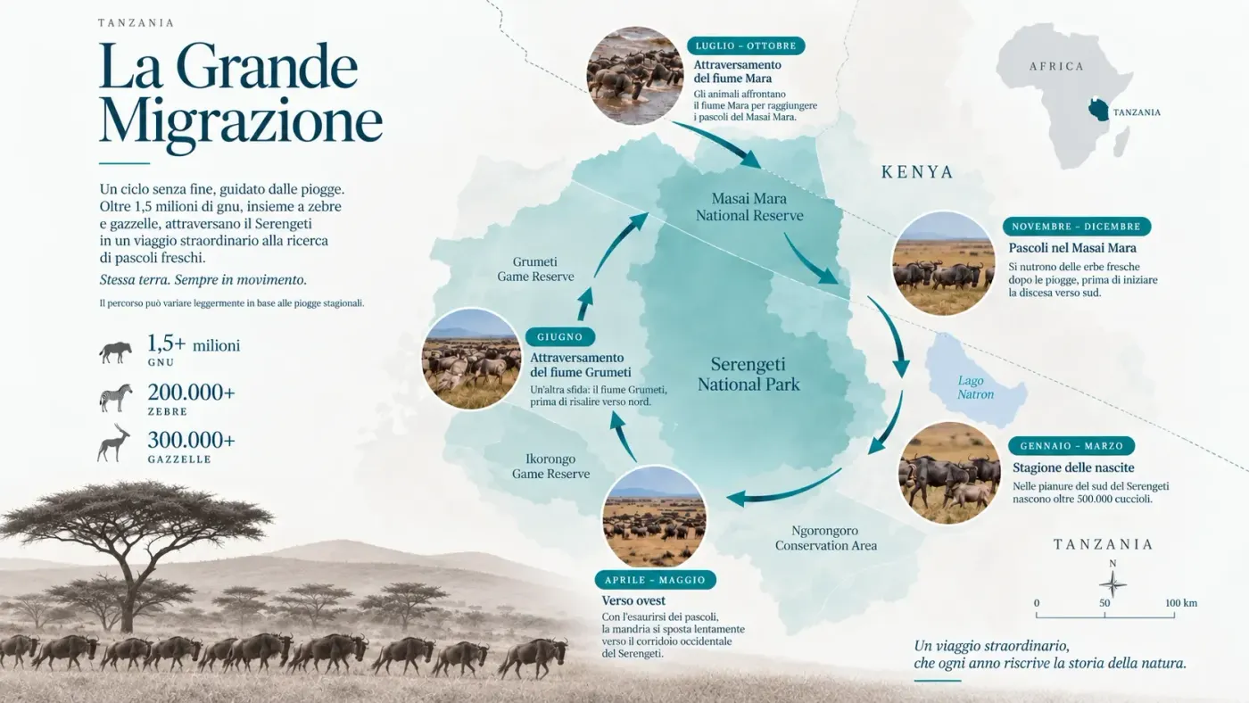 Infografica della Grande Migrazione in Tanzania, con mappa del Serengeti e il percorso mese per mese di gnu e zebre