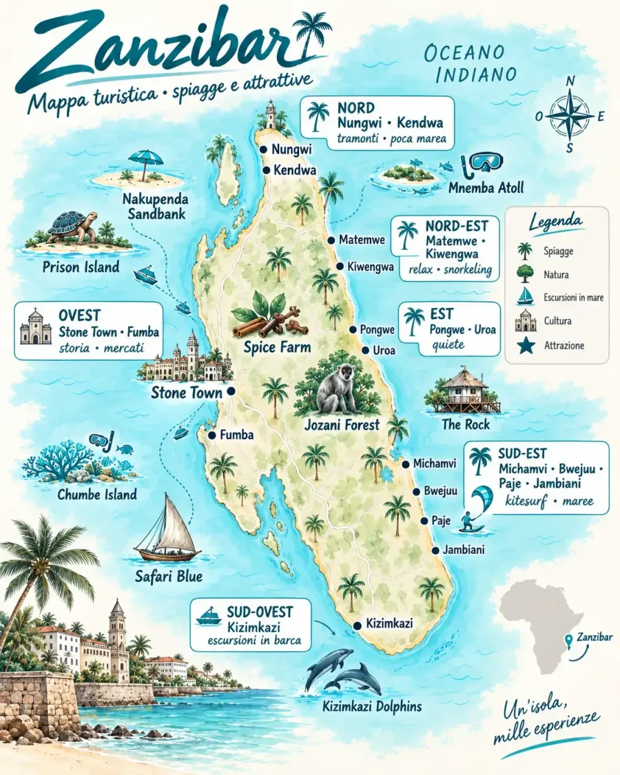 Mappa turistica illustrata di Zanzibar con spiagge, attrazioni ed escursioni